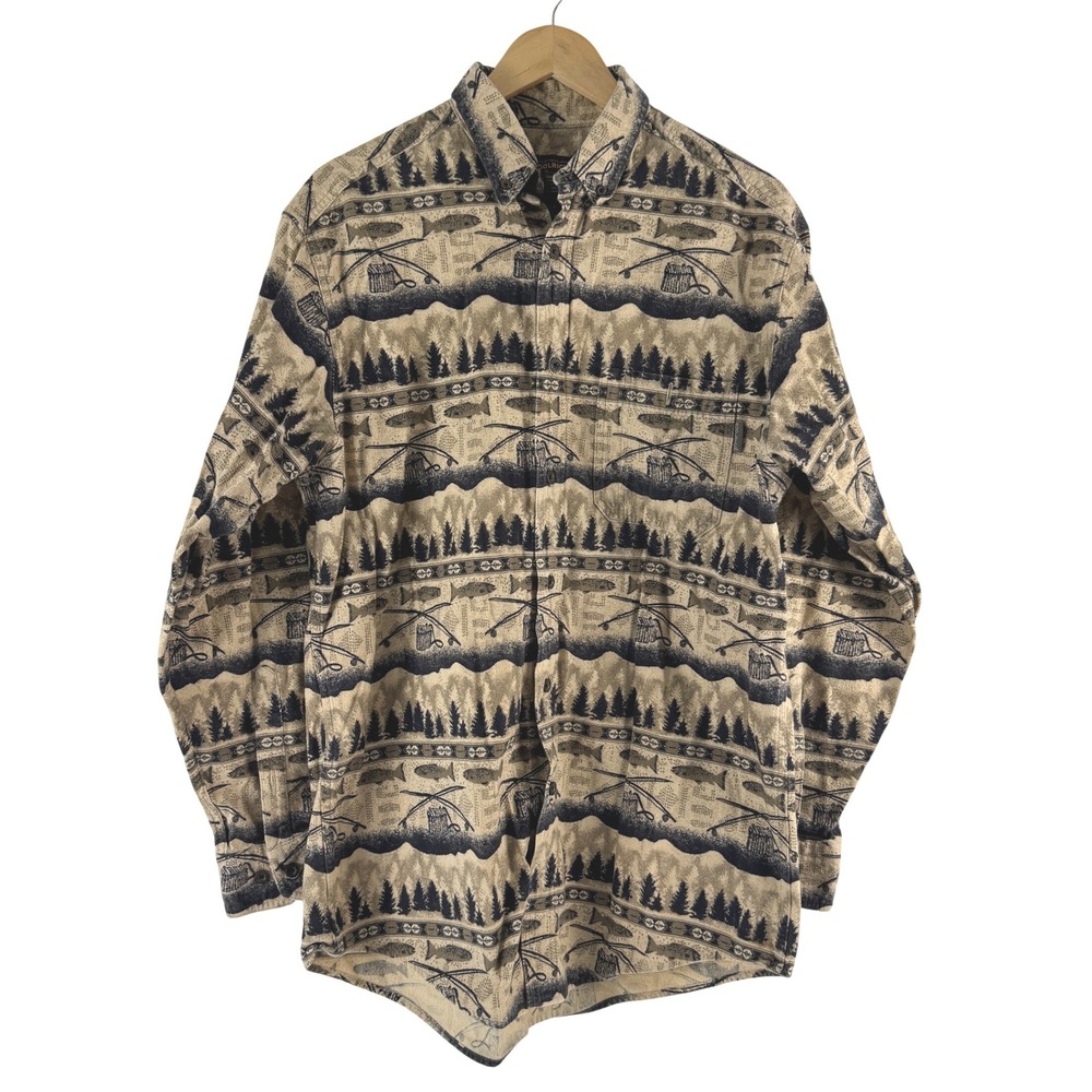 Woolrich Mens L Fishing Nature Print Cotton Button Down Shirt Beige 6579 Heavy